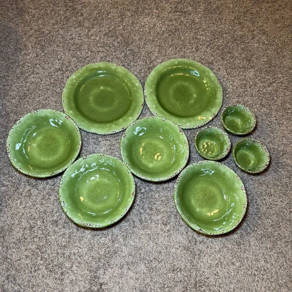 Pier 1 Imports CARMELO Green Melamine Plates Bowls LOT of 9 Snack Set Crackle
